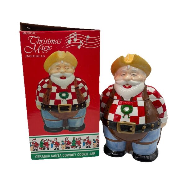 Christmas Musical Cookie Jar Cowboy Santa Claus Plays Jingle Bells Holiday Decor - Picture 12 of 13